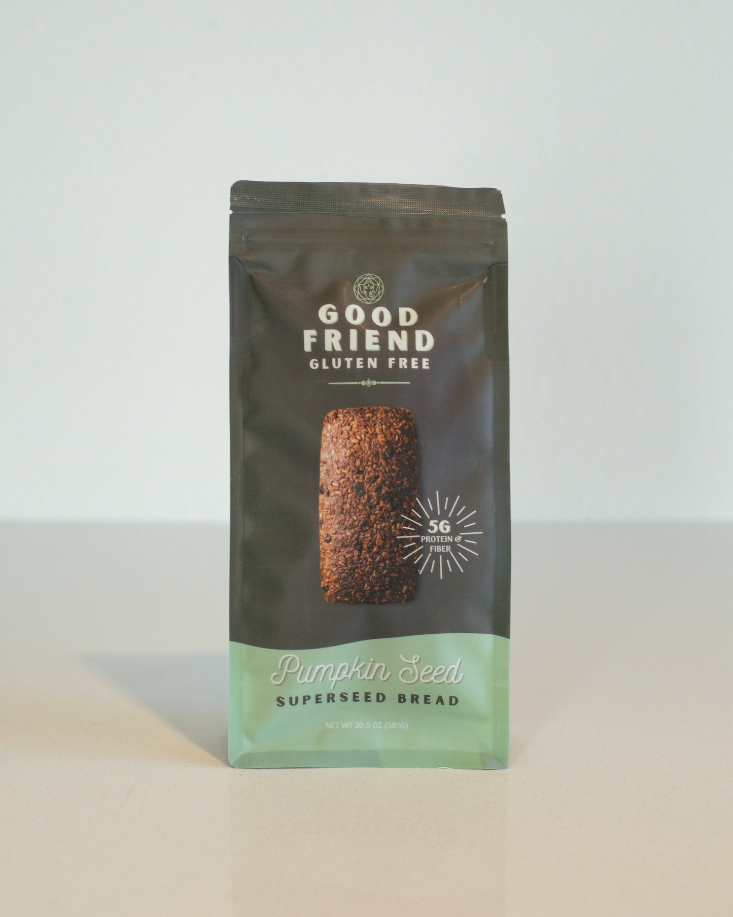 Good Friend Gluten Free pumpkin seed superseed bread package on a light background