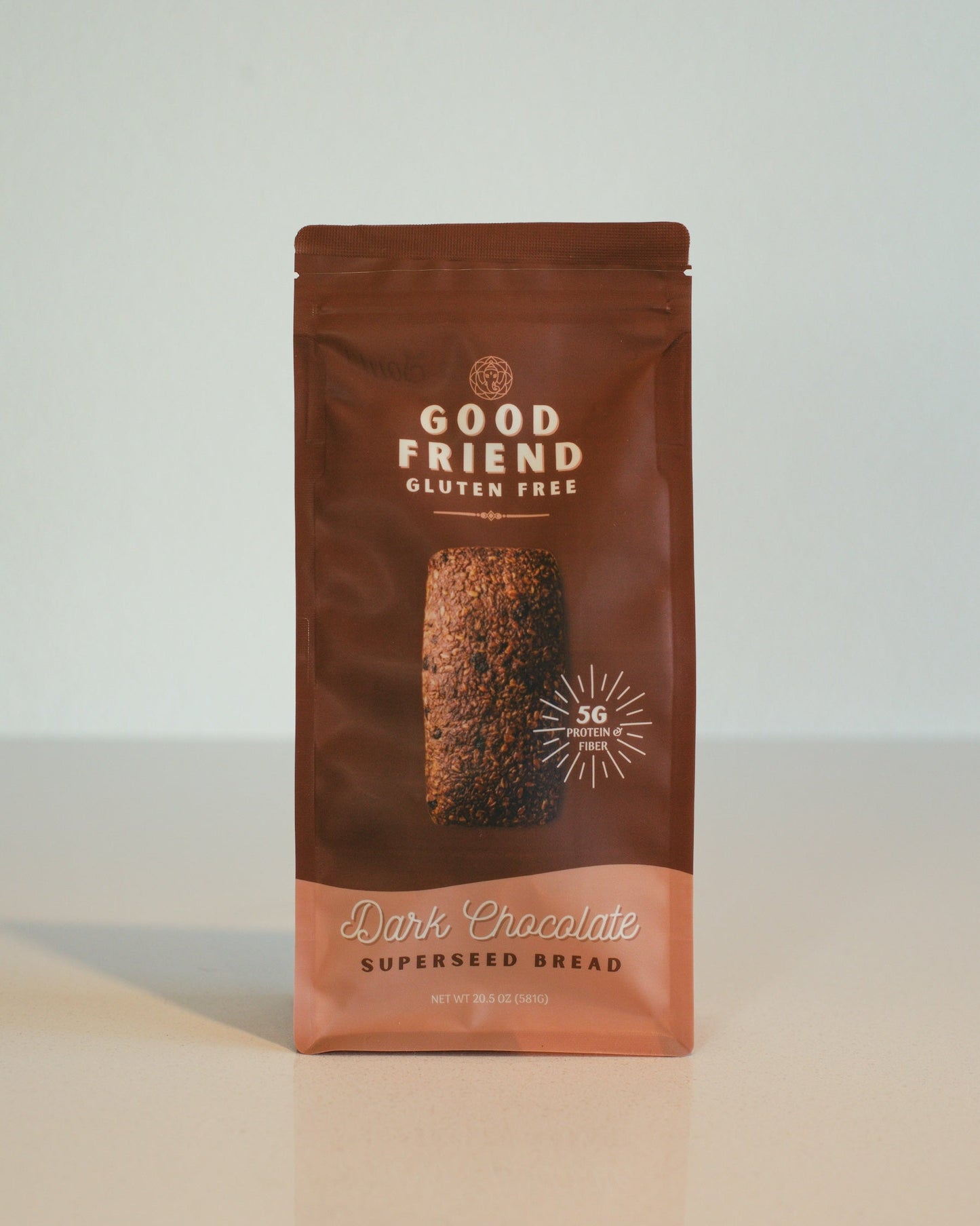 Good Friend Gluten Free Dark Chocolate Superseed Bread package on a light background