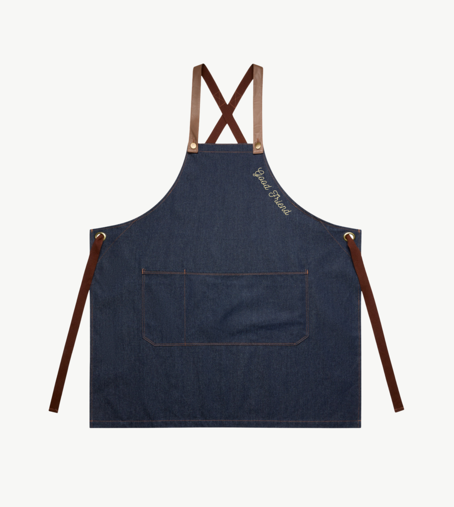 Blue apron with brown straps on a light gray background